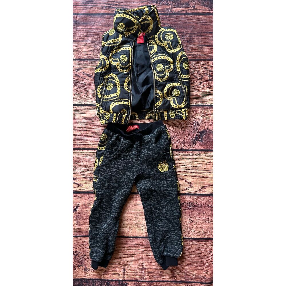Vintage Apple Bottoms Quilted‎ Vest & Bottoms Black Gold Girls' 3T Fall Winter